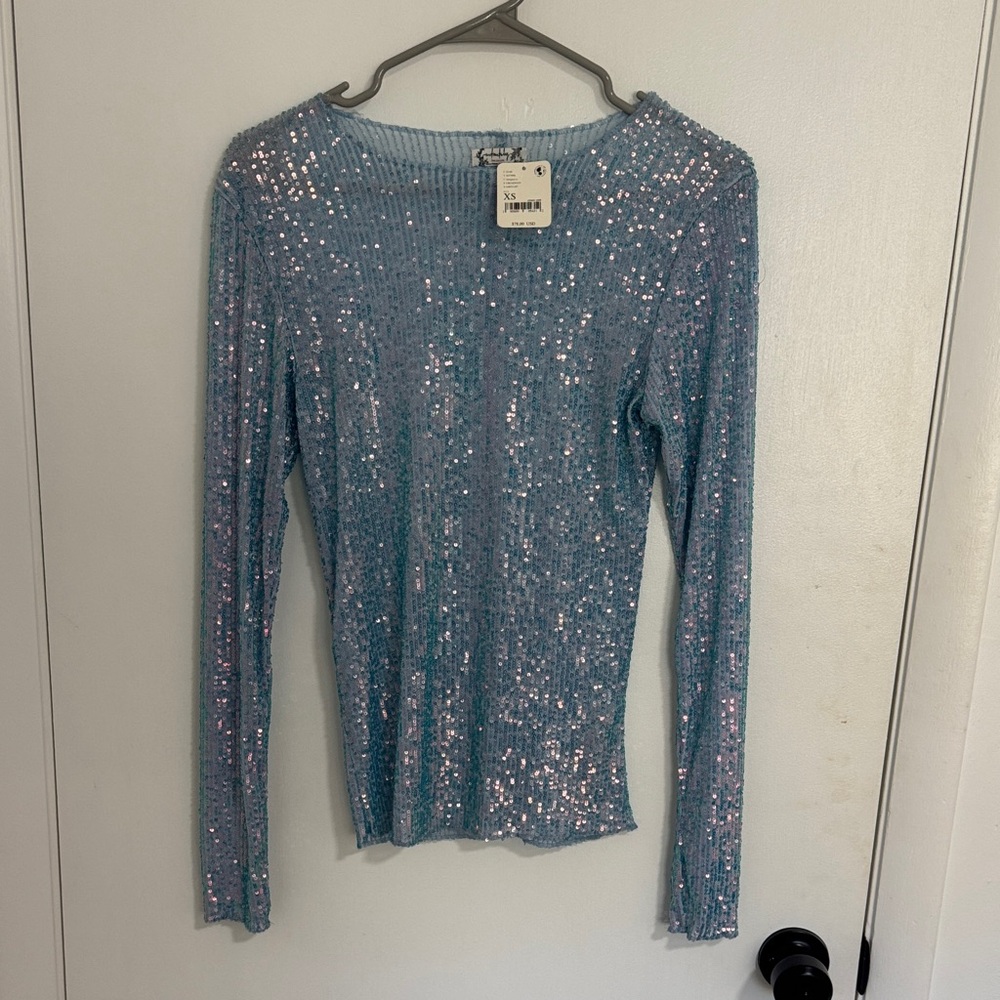 Free People Sparkling Sequin Long Sleeve Top - Light Blue/Te